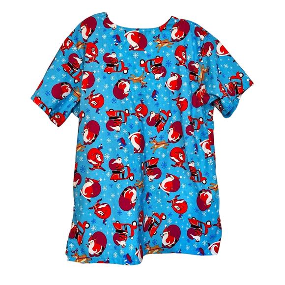 The Scrub Co XL Women’s Santa Scrub Top Blue With Adorable Santas - Picture 4 of 5
